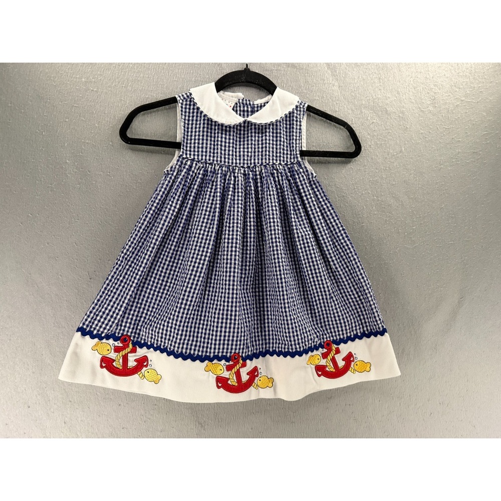 Vtg Samara Dress Girls 5 Blue Gingham Sailboat Whimsical Coastal Nautical Sailor